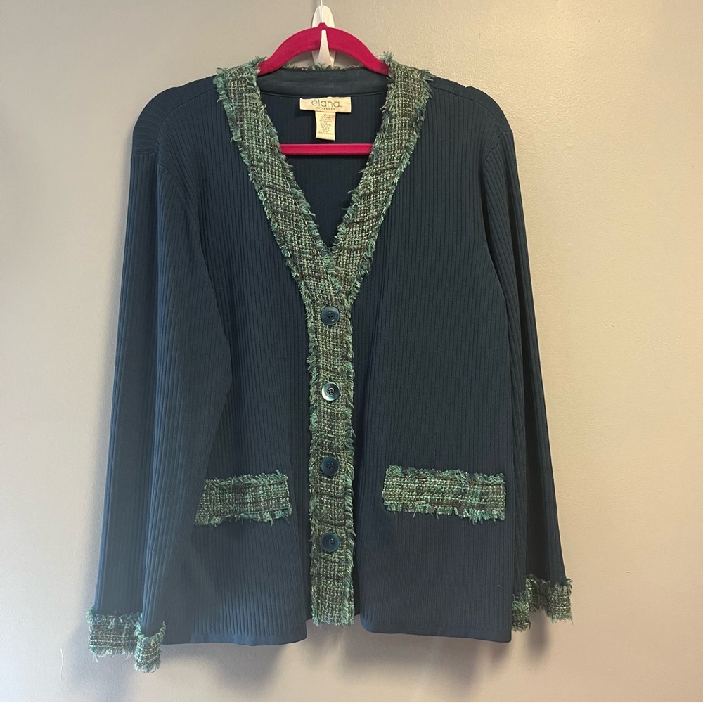 Elana by Tanner Blazer Navy Knit V Neck w/ Pattern Silk Blend Sz 2 EUC